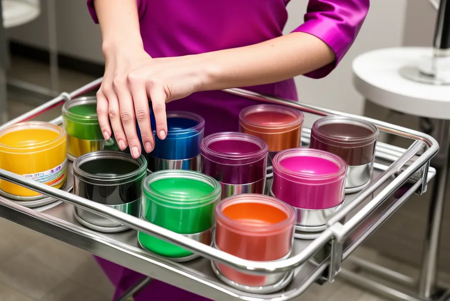 Colorista profesional organizando tubos de tinte por numeración en su carrito de trabajo