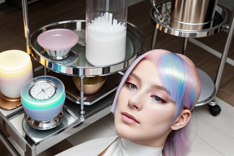 Comprobación del desarrollo del color en el cabello con el cronómetro cerca durante la aplicación