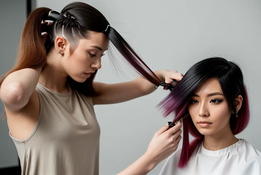 Estilista comparando mecha de la carta de color con cabello real