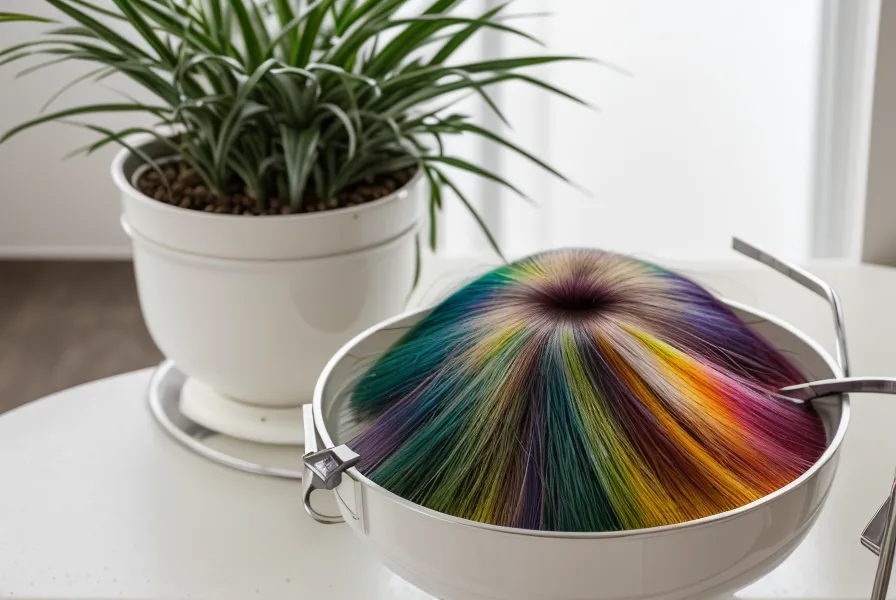 Bandeja con herramientas de colorimetría: cronómetro, colorímetro y organizador de tubos de tinte