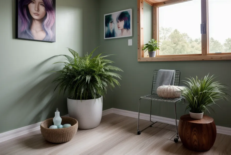 Ambiente sereno y limpio en una cabina de color con plantas y purificador de aire, ejemplo de emprendimiento como estilista independiente